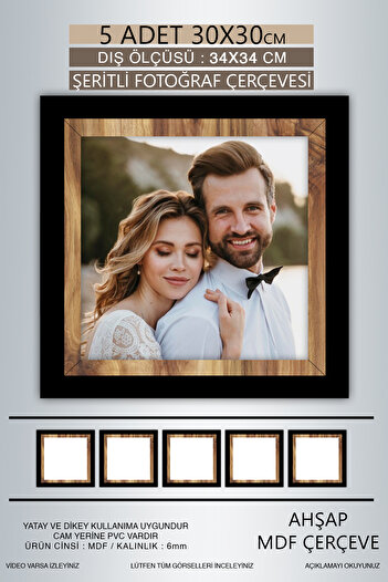 bymat 5 Pieces 30X30 Frame - Black-Wood Striped Photo Frame - Mdf Frame - Square Frame
