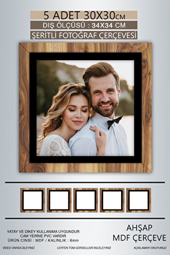 bymat 5 Pieces 30X30 Frame - Wooden-Black Striped Photo Frame - Mdf Frame - Square Frame