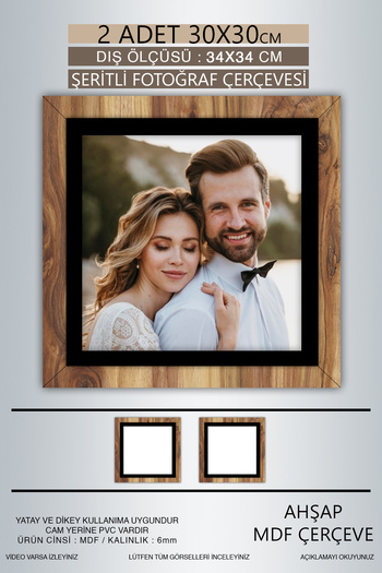 bymat 2 Pieces 30X30 Frame - Wooden-Black Striped Photo Frame - Mdf Frame - Square Frame