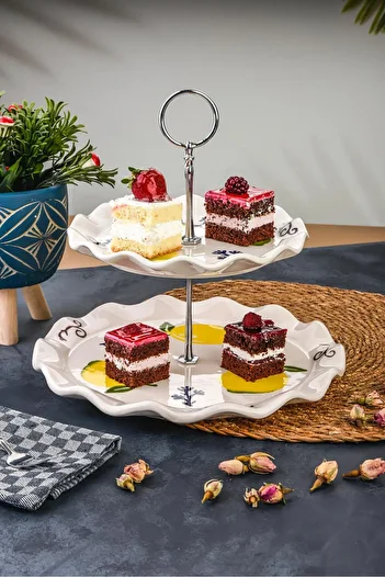 Akkoyunlu home Ceramic 2 Tier Lemon Pattern Presentation Plate for Cookies, Turkish Delight, Cookies and Cakes, Cake Serving Plate