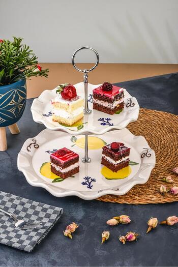 Sezka Life Ceramic 2 Tier Lemon Pattern Presentation Plate for Cookies, Turkish Delight, Cookies and Cakes, Cake Serving Plate