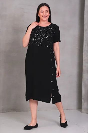 Şans Women's Plus Size Black, Lacquer Printed, Button Detail, Crew Neck, Woven Viscose Dress 65N39091