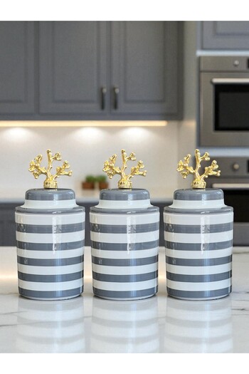ferayhome Spice Rack Cylinder Ceramic Lid Coffee Corner Set Gray Classic Zebra Gold