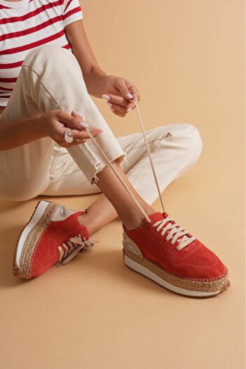 MOLY ESPADRİLLE Mercan süet & gümüş Detaylı Hakiki Deri Sneaker Espadril