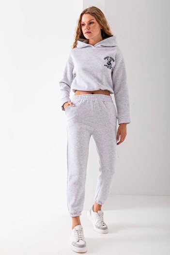 GİYSA Women's Hooded Sporty Embroidered Stopper Detailed Tracksuit Set Gray - 2607
