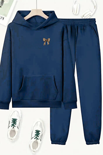 CLAYES Unisex Navy Blue Minimal Leopard Printed Tracksuit Hoodie - Winter Embossed Fabric