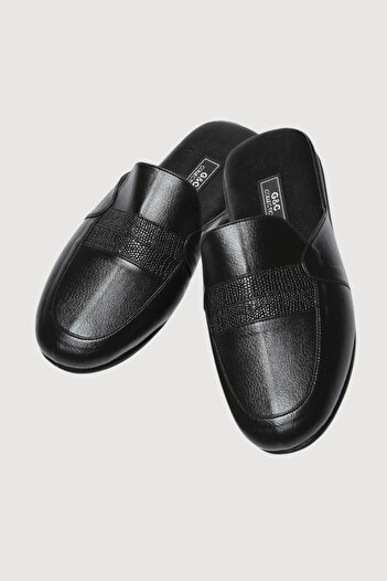 vory Men's Black Faux Leather Textured House Slippers Groom Gift Vr.Gc.03.T10.Y19