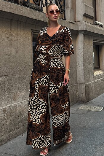 VAGGON Women's Brown Patterned V-Neck Half Sleeve Blouse and Elastic Waist Palazzo Pants Set Vs00800