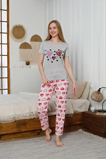 FORVENS Women's Patterned Lycra Single Jersey Crew Neck Pajama Set