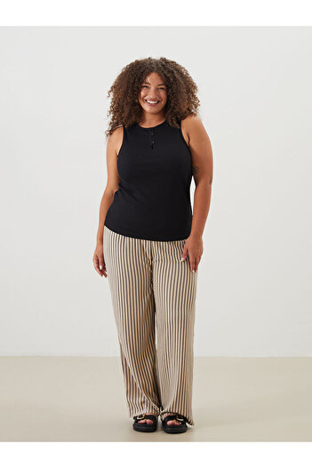 LC Waikiki Beige Elastic Waist Striped Women's Trousers