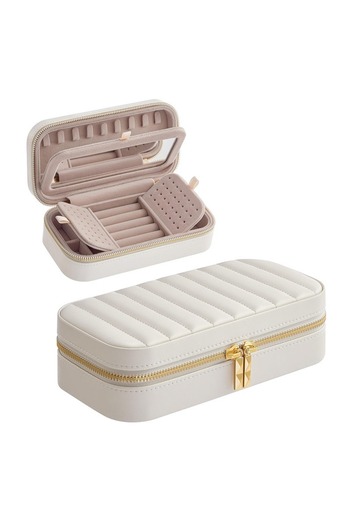 gaman Luxury Leather Finish White Jewellery Double Zipper Jewelry Box with Mirror - Necklace, Ring, Earring Organizer