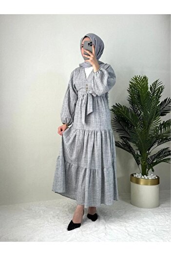 GALAVİP Women's Suitable for Hijab Seersucker Linen Balloon Sleeve Blouse Skirt 2-Piece Set