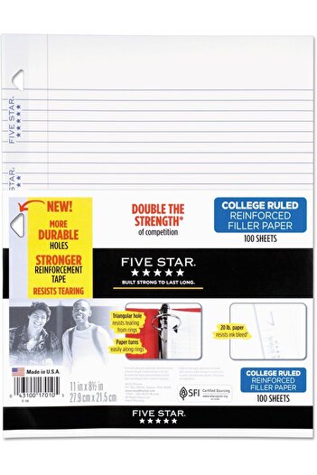 Mead Five Star Reinforced Filler Paper, College Ruled, 8.5 x 11 inches, 100 Sheets