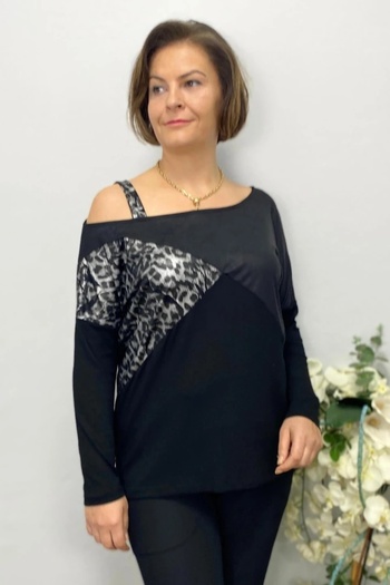 Mia Butik Plus Size Black One Shoulder Leopard Detailed Blouse