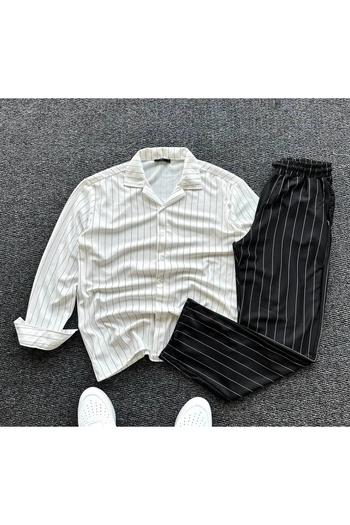 NewCabin New Season Premium Crepe Fabric Striped Shirt-Pants Set of 2