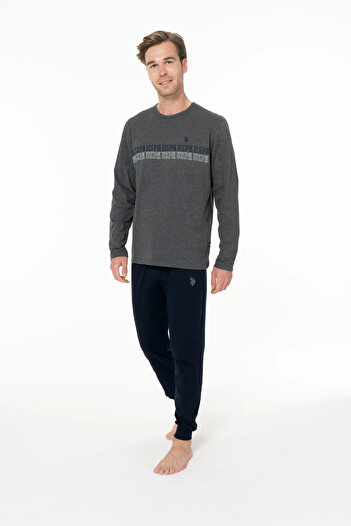 U.S. Polo Assn. Set de pijamale pentru bărbați, cu buzunare, mâneci lungi, decolteu cu gât, cu elastic la picioare, imprimeu USPA, antracit