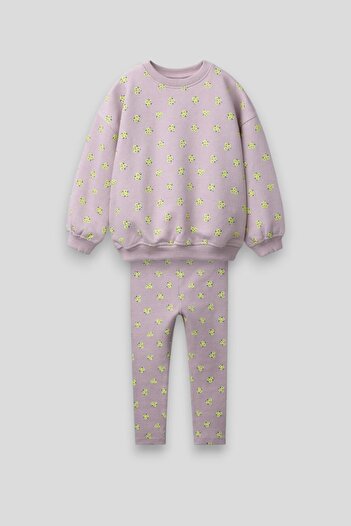 Magu Girl's cotton lilac floral patterned sweatshirt and leggings set