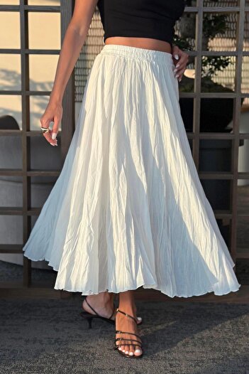 Laluvia Ecru Elastic Waist Crashed Skirt