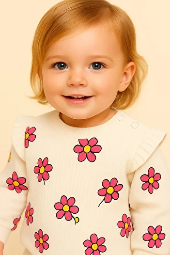 dinamik çocuk Daisy Report Ribbed Sleeve Detailed Baby Girl Set Monthly Seasonal 2-Piece Bottom Top 3-6-9-12Months