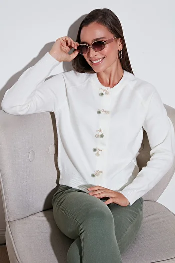 Lela Premium Regular Fit Crew Neck Bow Detailed Cardigan Cardigan 6802939
