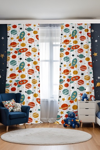 EVPANYA Retro Space Vehicles and Planets Patterned Children's Baby Room Background Curtain (Single Wing Pricing)
