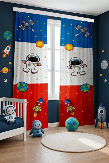 EVPANYA Blue Red Space and Little Astronaut Patterned Children's Baby Room Background Curtain (Single Wing Pricing)