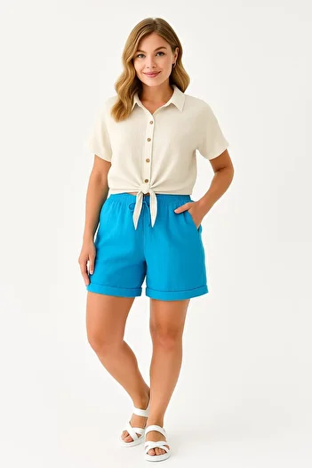 enmodaiçgiyim Turquoise 100% Cotton Muslin Fabric Women's Shorts with Pockets – Comfortable Summer Casual Shorts
