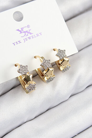 Tunastore Brass Zircon Stone 3-Piece Ring Star Model Gold and Silver Color Women's Earrings