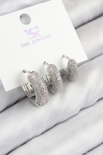 Tunastore Brass Zircon Stone 3-Piece Hoop Model Silver Color Women's Earrings