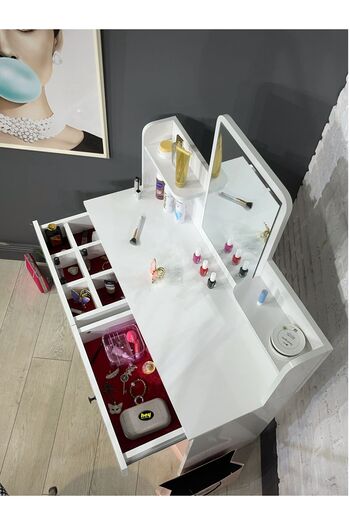 hey modüler mobilya Makyaj Masası Aynalı Tuvalet Masası 2 Çekmeceli Takı Düzenleyici ve Raflı Organizer Beyaz 104 cm
