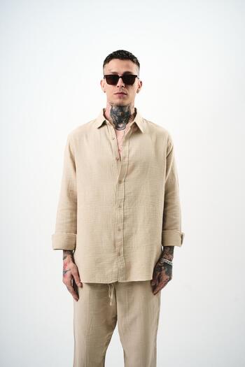 Respire Men's Long Sleeve Oversize Muslin Shirt Beige
