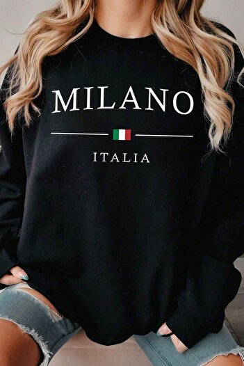 MODAGEN Unisex Black Milano Printed Crew Neck Oversize Sweatshirt