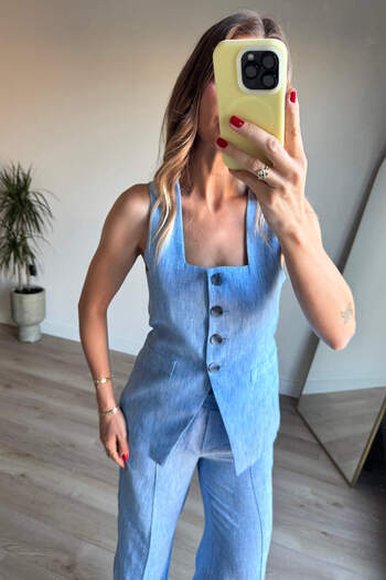 Sue Store Baby Blue Buttoned Premium Linen Trousers Set