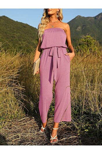 ZESICA Women's 2023 Casual Off Shoulder Solid Color Strapless Belted Wide Leg Jumpsuit Romper