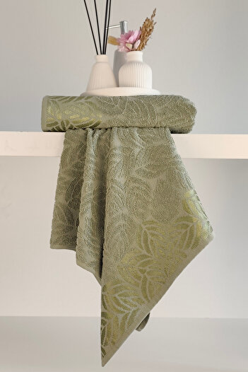 Sevim 2-Piece Jacquard Leaf Patterned 100% Cotton Hand Face Towel-50X90Cm-Green