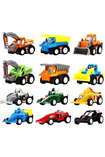 Jiffy Toys Pull Back Vehicles, 12 Pack Mini Assorted Construction Vehicles & Race Car Toy, Vehicles Truck