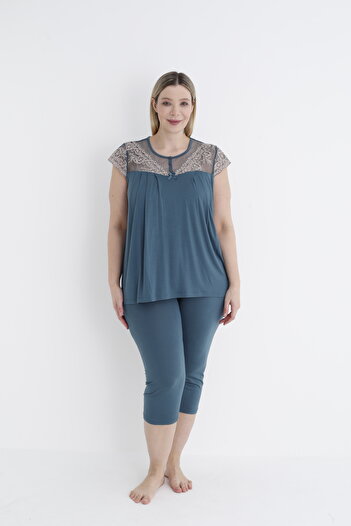 Cotpark Women's Plus Size Viscose Elastane Fabric Short Sleeve Capri Suit 14533