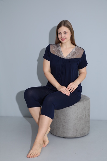 Cotpark Women's Plus Size Viscose Elastane Fabric Short Sleeve Capri Suit 14529-B