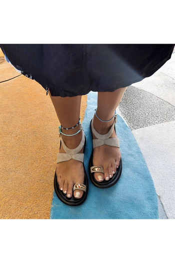 NE&VE SHOES Ecru Genuine Suede Ankle Strap Buckle Flip Flops Women's Comfortable Sandals