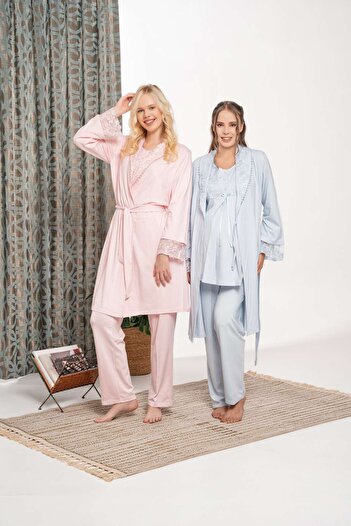 Lohussa Women's Powder Shawl Collar Special Design Lace Winter Cotton Maternity Maternity Dressing Gown Pajama Set Set