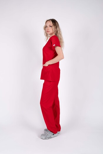 ACAR İŞ TEX Red Lycra Women's Nurse and Doctor Uniform Set Scrubs Hospital Uniform