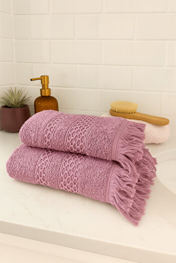 Bonny Home Waffle Fringed Cotton 2-Piece Bath and Hand-Face Towel Set