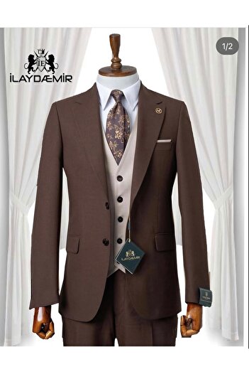 ilayda emir Men's Suit with Brown, Beige Vest
