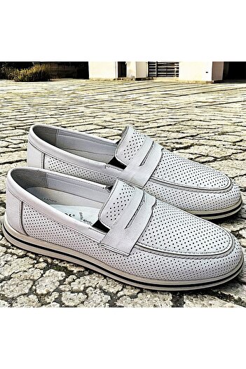 KAFKASLAR AYAKKABI Genuine Leather White Soft and Flexible Loafer Men's Shoes