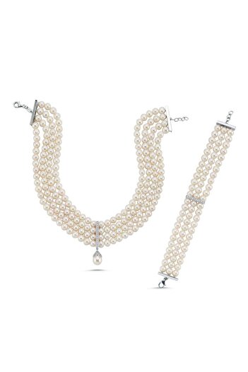 Birinci1926 Choker Zircon Stone Natural Pearl Necklace Bracelet Set of Two