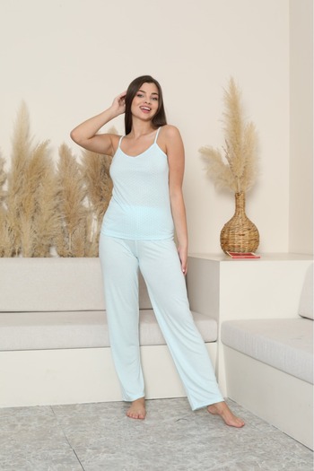 Sude HOMEWEAR Women's Blue Polka Dots Bottom Long Set with Rope Straps