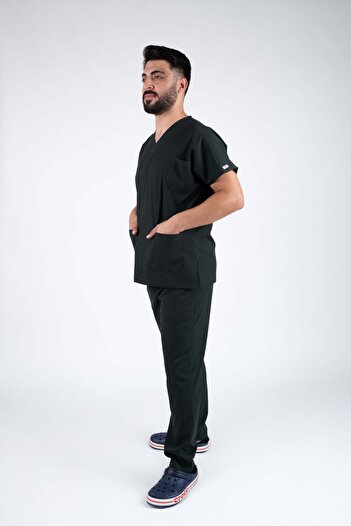ACAR İŞ TEX Black Lycra Men's Nurse and Doctor Uniform Set Scrubs Hospital Uniform