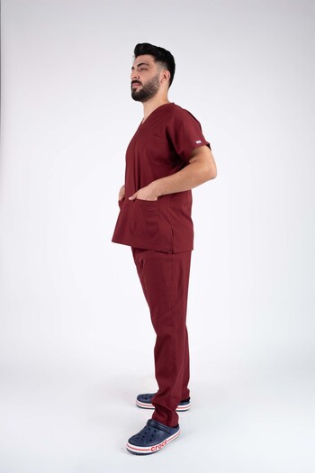 ACAR İŞ TEX Burgundy Lycra Men's Nurse and Doctor Uniform Set Scrubs Hospital Uniform