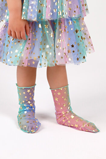 Le Mabelle Multicolored Star Detailed Tulle Socks for Girls