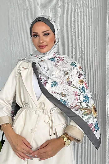 Stella Eşarp Flowers Floral Patterned Gray Color Soft Cotton Shawl